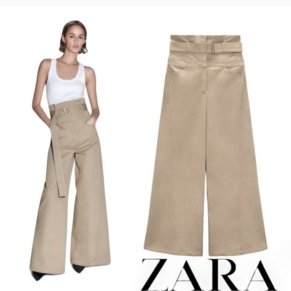 Zara Wide Leg Belted Full Length Gabardine Pants Khaki - Picture 8 of 11